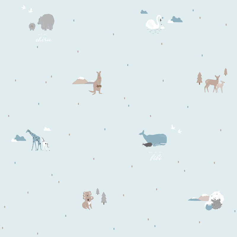 Papel pintado para decoracar habitación infantil con estampado de animales en color azul