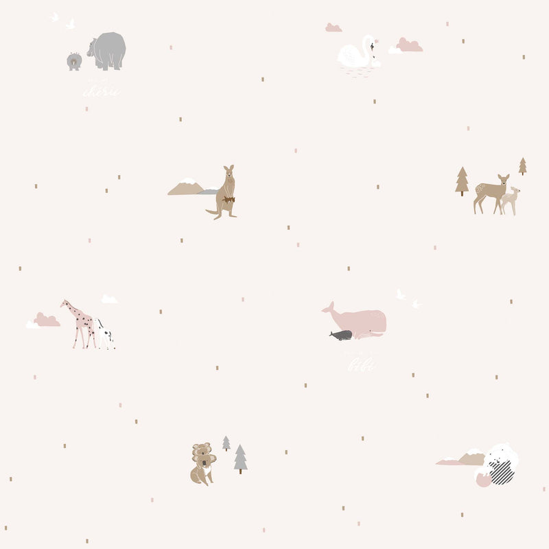 Papel pintado para decoracar habitación infantil con estampado de animales en color rosa