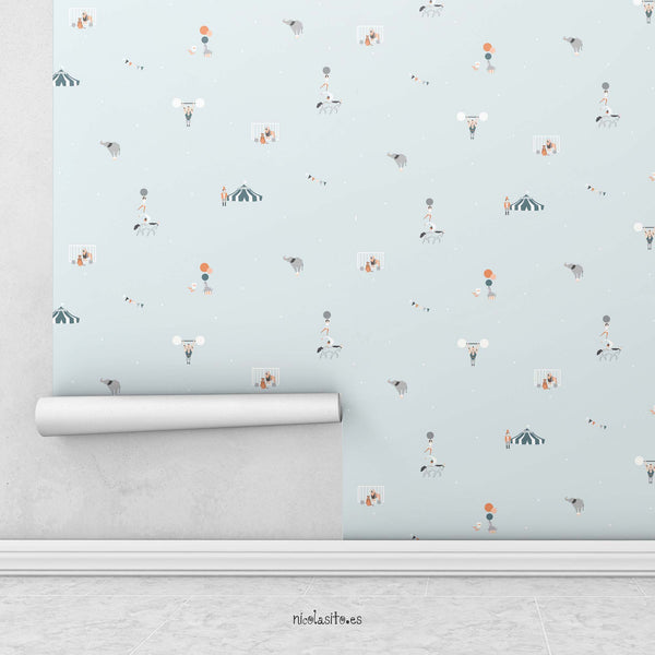 Papel pintado para decorar habitación infantil con estampado de circo azul