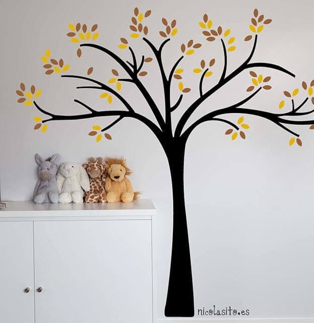 vinilo decorativo de árbol grande con hojas en tonos safari amarilo de nicolasito
